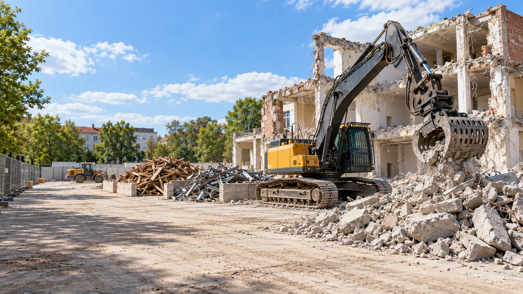 Geordnete Abbruchbaustelle mit Maschine und getrennten Materialien in Berlin (Symbolbild).