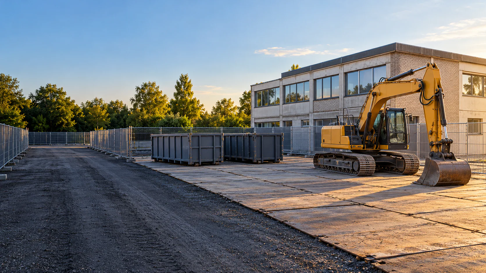 Vorbereitete Abrissbaustelle mit Maschine, Containern und gesicherten Arbeitszonen (Symbolbild).