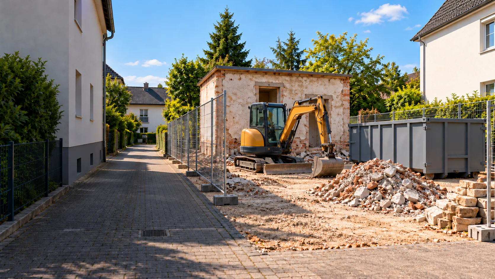 Abbruchbaustelle mit Zufahrt, Containern und Materialmengen als Kostenfaktoren (Symbolbild).
