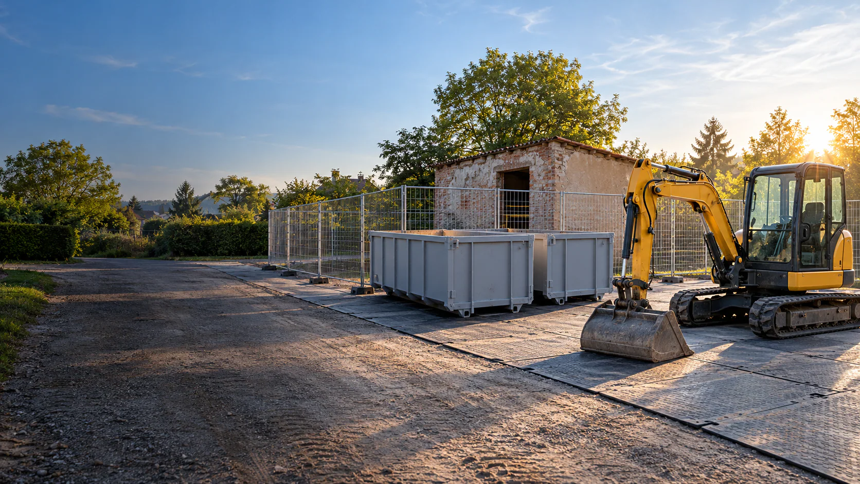 Einsatzbereit vorbereitete Abbruchbaustelle mit Maschine und Containern in Berlin (Symbolbild).
