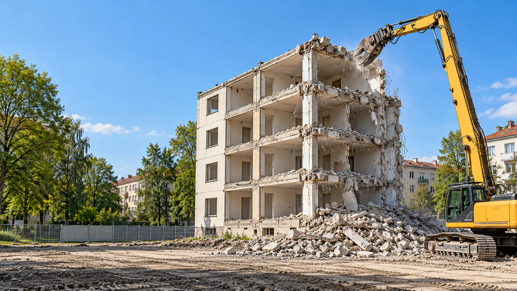 Geplanter Abriss eines Mehrfamilienhauses in Berlin mit gesichertem Arbeitsbereich (Symbolbild).