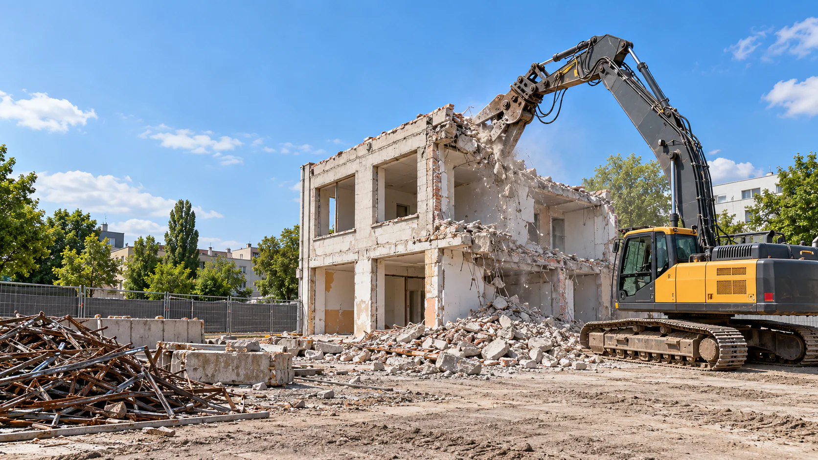 Kontrollierter Gebäuderückbau mit Abbruchbagger auf einer gesicherten Baustelle in Berlin (Symbolbild).