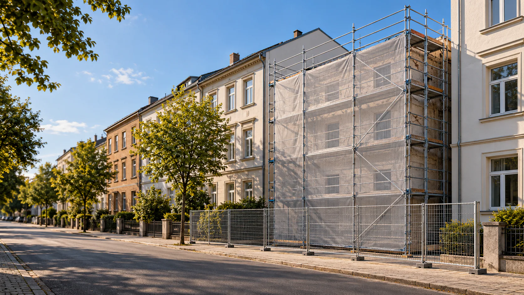 Gesichertes Abrissobjekt in dichter Berliner Nachbarbebauung (Symbolbild).