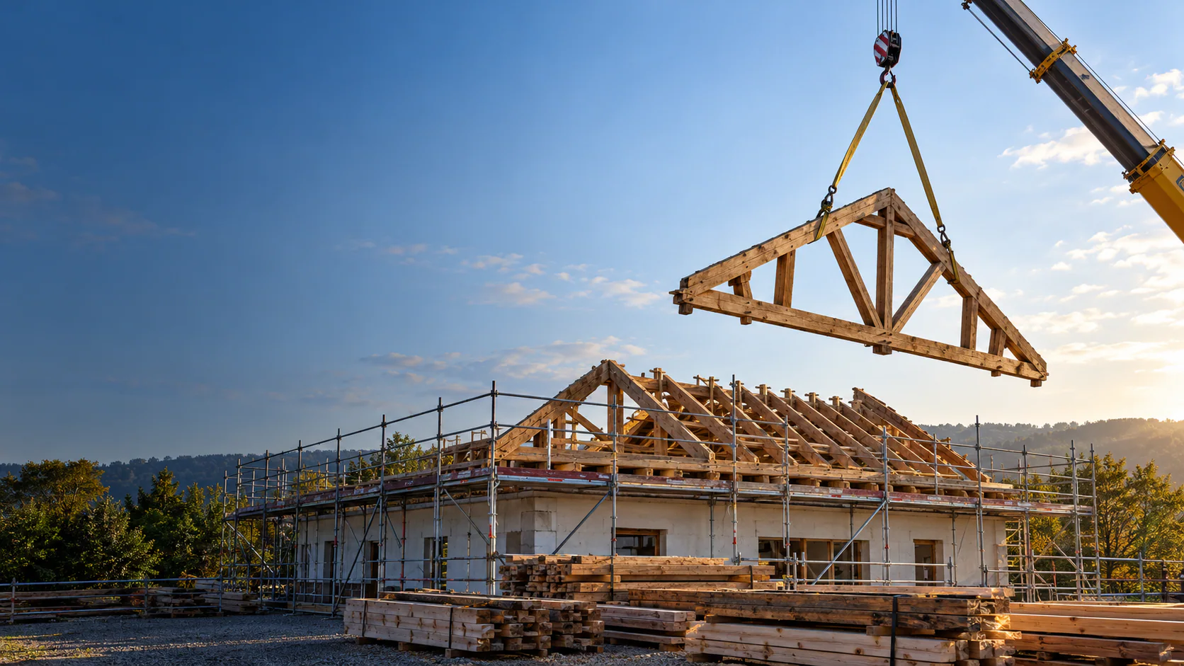 Gesicherter Rückbau eines Holzdachstuhls mit Kran in Berlin (Symbolbild).